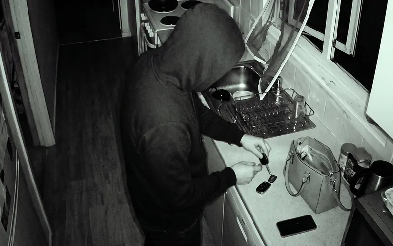 A hooded figure lifting a car key out of an open handbag on a kitchen bench at night, the window open behind him